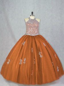 Inexpensive Floor Length Brown Quinceanera Dress Tulle Sleeveless Beading and Appliques