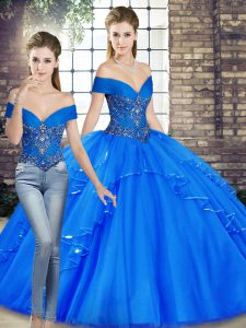 Off The Shoulder Sleeveless Quinceanera Gown Floor Length Beading and Ruffles Royal Blue Tulle