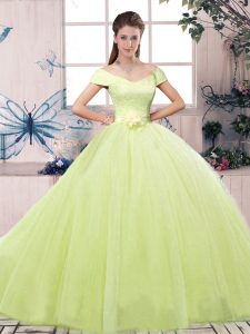 Best Selling Yellow Green Ball Gowns Off The Shoulder Short Sleeves Tulle Floor Length Lace Up Lace and Hand Made Flower Quinceanera Dress