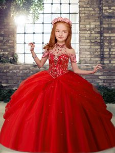 Great Sleeveless Tulle Floor Length Lace Up Girls Pageant Dresses in Red with Beading