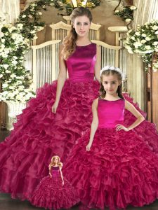 Edgy Fuchsia Ball Gowns Ruffles Quince Ball Gowns Lace Up Organza Sleeveless Floor Length