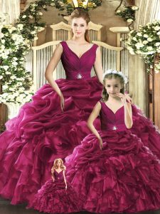 Burgundy Ball Gowns V-neck Sleeveless Organza Floor Length Backless Ruffles Ball Gown Prom Dress