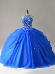 Noble Ball Gowns Quinceanera Dress Royal Blue Halter Top Tulle Sleeveless Floor Length Lace Up