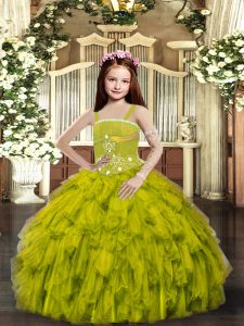 Floor Length Olive Green Little Girl Pageant Gowns Tulle Sleeveless Ruffles