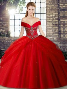 Custom Design Red Tulle Lace Up Off The Shoulder Sleeveless Quinceanera Dress Brush Train Beading and Pick Ups