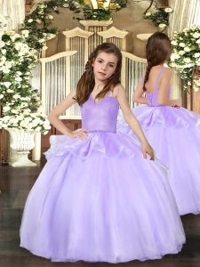 Stylish Lavender Girls Pageant Dresses Party and Wedding Party with Beading Straps Sleeveless Lace Up