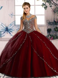 Comfortable Wine Red Tulle Lace Up Sweetheart Cap Sleeves Quinceanera Gowns Brush Train Beading
