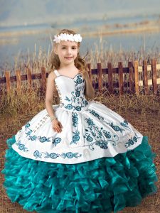 Sleeveless Organza Floor Length Lace Up Little Girls Pageant Dress Wholesale in Teal with Embroidery and Ruffles