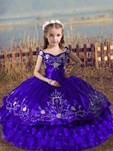Purple Ball Gowns Embroidery and Ruffled Layers Little Girls Pageant Dress Wholesale Lace Up Satin and Organza Sleeveless Floor Length