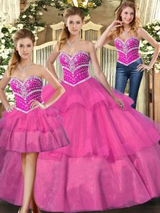 Amazing Lilac Tulle Lace Up Vestidos de Quinceanera Sleeveless Floor Length Beading and Ruffled Layers