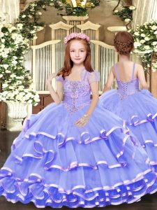 High Class Lavender Straps Neckline Beading and Ruffled Layers Little Girl Pageant Gowns Sleeveless Lace Up