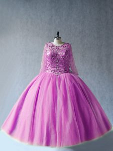 Fitting Long Sleeves Tulle Floor Length Lace Up Sweet 16 Dresses in Lilac with Beading