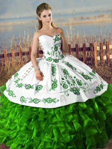 Fine Green Lace Up Sweetheart Embroidery and Ruffles 15th Birthday Dress Organza Sleeveless