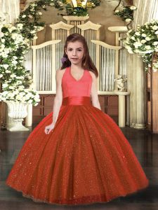 Simple Rust Red Sleeveless Floor Length Ruching Lace Up Kids Pageant Dress
