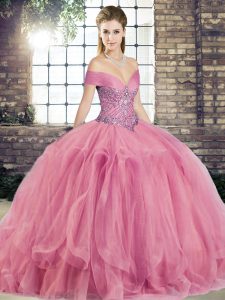Inexpensive Watermelon Red Ball Gowns Off The Shoulder Sleeveless Tulle Floor Length Lace Up Beading and Ruffles Vestidos de Quinceanera