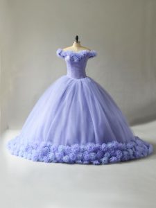 Decent Lavender Tulle Lace Up Off The Shoulder Sleeveless 15th Birthday Dress Court Train Hand Made Flower