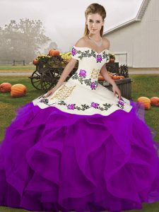 Free and Easy Sleeveless Tulle Floor Length Lace Up Quince Ball Gowns in White And Purple with Embroidery and Ruffles