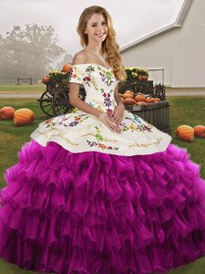 Fuchsia Ball Gowns Organza Off The Shoulder Sleeveless Embroidery and Ruffled Layers Floor Length Lace Up Quinceanera Gown