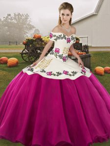 Perfect Fuchsia Lace Up Sweet 16 Dresses Embroidery Sleeveless Floor Length