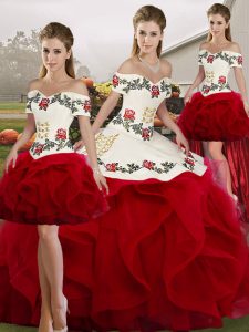 Fabulous White And Red Lace Up Off The Shoulder Embroidery and Ruffles Sweet 16 Dresses Tulle Sleeveless