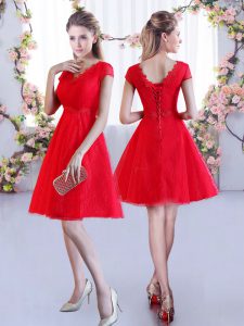 Red A-line V-neck Cap Sleeves Lace Mini Length Lace Up Lace Dama Dress for Quinceanera