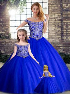 Comfortable Royal Blue Quince Ball Gowns Off The Shoulder Sleeveless Brush Train Lace Up