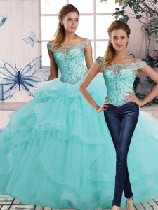 Modern Beading and Ruffles Quinceanera Gowns Aqua Blue Lace Up Sleeveless Floor Length