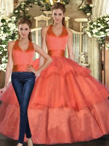 High Class Orange Organza Lace Up Halter Top Sleeveless Floor Length Quinceanera Gowns Ruffled Layers