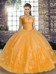 Orange Sleeveless Floor Length Beading and Appliques Lace Up Ball Gown Prom Dress