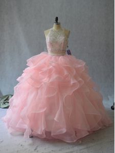 Edgy Peach Backless Quince Ball Gowns Beading and Ruffles Sleeveless