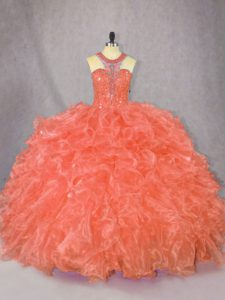 Orange Sleeveless Floor Length Beading and Ruffles Zipper Ball Gown Prom Dress