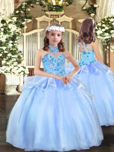 Floor Length Lace Up Girls Pageant Dresses Blue for Party and Wedding Party with Appliques