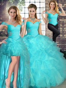 Aqua Blue Lace Up Sweet 16 Dresses Beading and Ruffles Sleeveless Floor Length