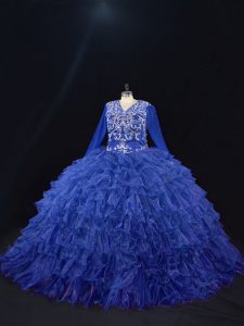 Floor Length Royal Blue Sweet 16 Dress Organza Long Sleeves Beading and Ruffled Layers