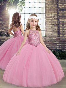Lilac Sleeveless Floor Length Beading Lace Up Little Girls Pageant Gowns