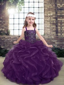Modest Sleeveless Tulle Floor Length Lace Up Little Girls Pageant Dress in Purple with Beading and Ruffles
