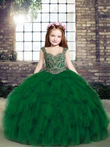 Colorful Dark Green Lace Up Pageant Dress for Teens Beading and Ruffles Sleeveless Floor Length
