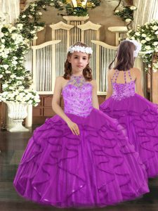 Low Price Tulle Halter Top Sleeveless Lace Up Beading and Ruffles Little Girls Pageant Gowns in Purple