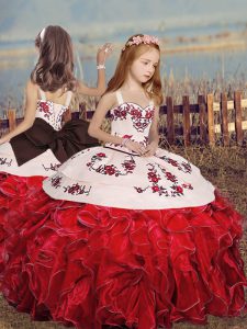 Red Ball Gowns Straps Sleeveless Organza Floor Length Lace Up Embroidery and Ruffles Little Girls Pageant Dress Wholesale