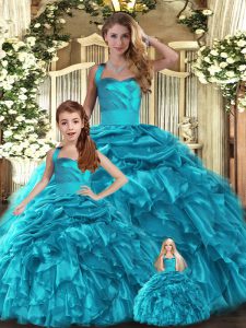 Noble Sleeveless Floor Length Ruffles and Pick Ups Lace Up Sweet 16 Dresses with Teal