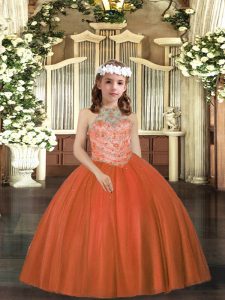 Sleeveless Floor Length Beading Lace Up Little Girls Pageant Dress with Rust Red