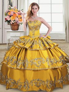 Customized Embroidery and Ruffled Layers Quinceanera Dress Gold Lace Up Sleeveless Floor Length