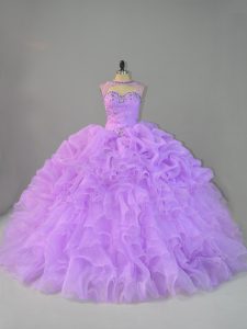 Deluxe Lavender Quinceanera Gown Sweet 16 and Quinceanera with Beading and Ruffles Scoop Sleeveless Lace Up