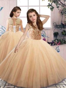Floor Length Ball Gowns Sleeveless Champagne Pageant Gowns For Girls Lace Up