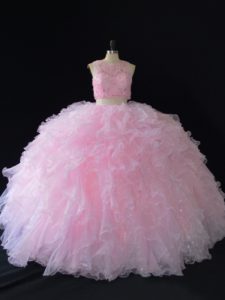 Baby Pink Two Pieces Beading Ball Gown Prom Dress Zipper Organza Sleeveless Floor Length