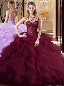 Dynamic Burgundy Scoop Neckline Beading and Ruffles Quince Ball Gowns Sleeveless Lace Up