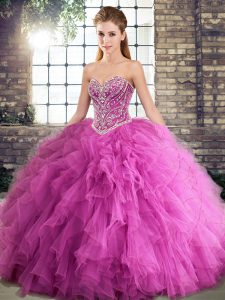 Custom Made Rose Pink Lace Up Quince Ball Gowns Beading and Ruffles Sleeveless Floor Length