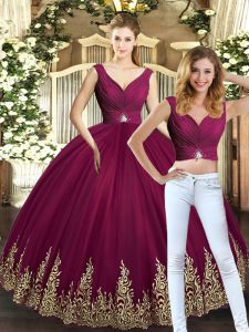 Exceptional Two Pieces Vestidos de Quinceanera Burgundy V-neck Tulle Sleeveless Floor Length Backless