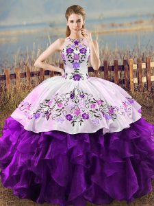Glamorous White And Purple Lace Up Halter Top Embroidery and Ruffles Quinceanera Dresses Organza Sleeveless