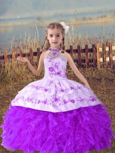Lavender Halter Top Lace Up Beading and Embroidery and Ruffles Pageant Dress for Teens Sleeveless